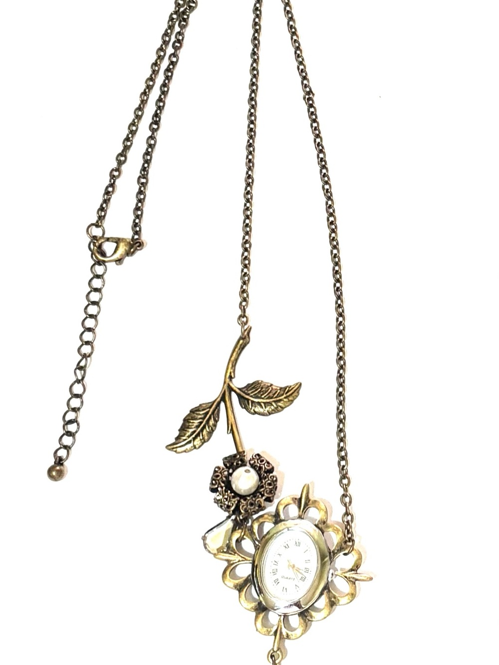 Vintage Gold Floral Leaf Pendant Necklace with Watch